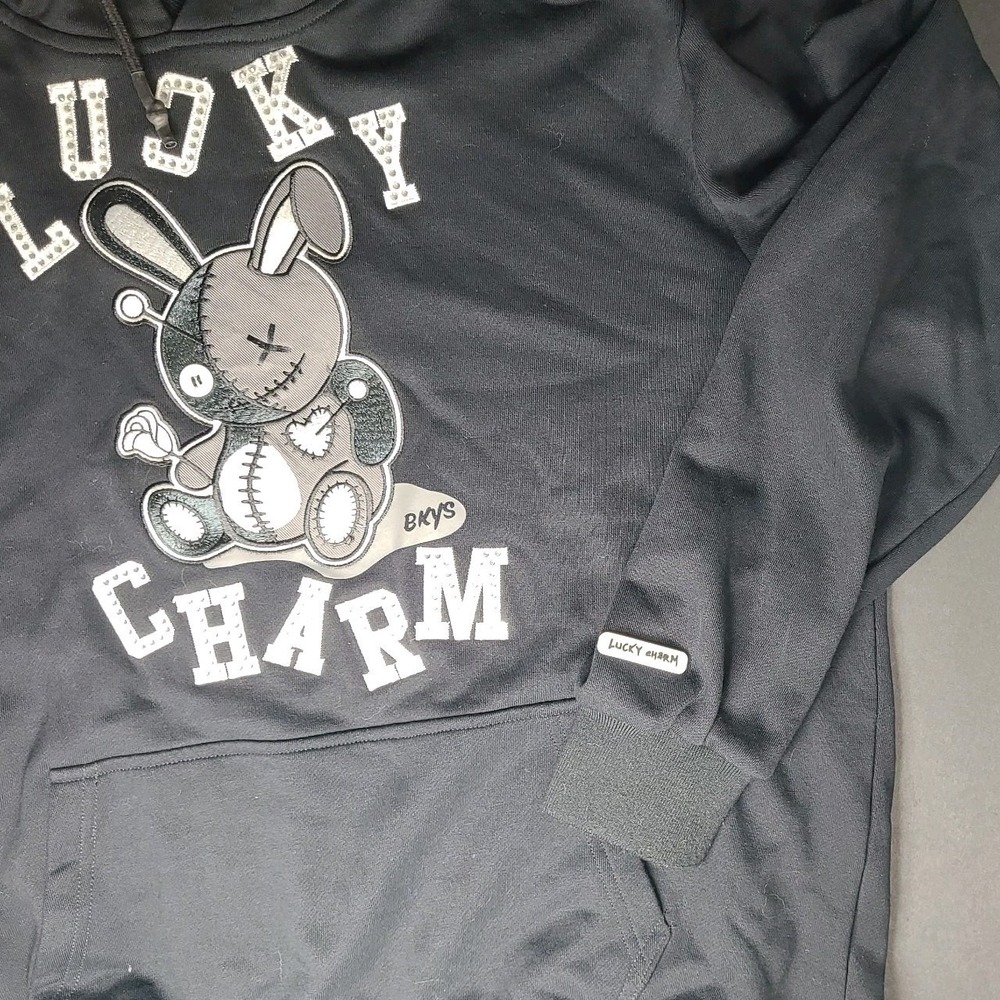 Lucky Charm Voodoo Doll Bunny Graphic Hoodie Black Unisex Med Embellished Cotton - Picture 4 of 6
